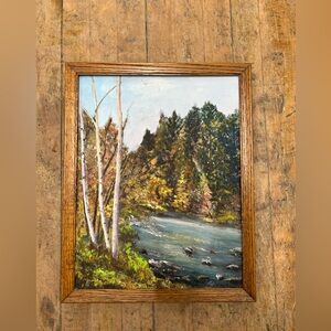 Serene River Landscape Painting in Green and Blue by